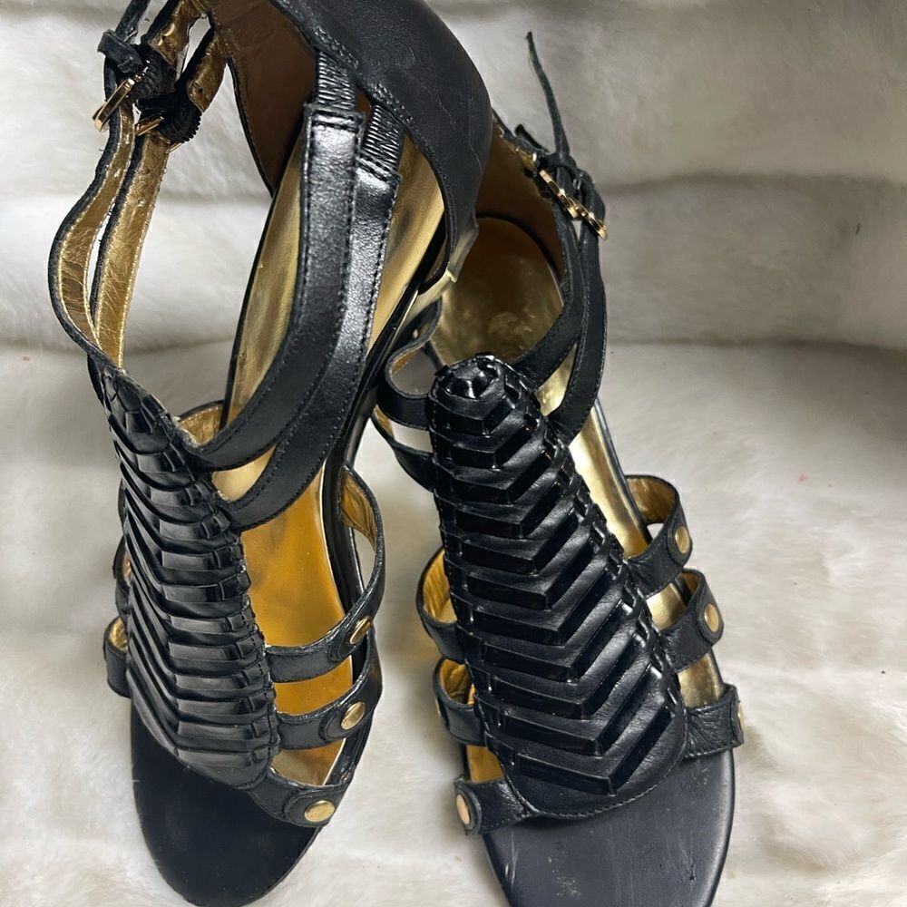 Arturo Chiang Leather black ankle straps wedge sandals SZ10M - Picture 5 of 12